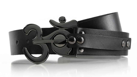 No other brand or store makes waist belts quite like Obscure Belts. The ohm symbol metallic black buckle and black leather belt for women is chic.