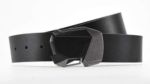 the black-ops fractal belt buckle on black leather belt looks stealthy and cool with futuristic clothing.