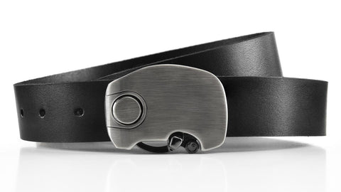 Micron small silver belt buckle, black veg tan leather belt strap. Click magnet button to open. Elegant minimalist design. BIFL
