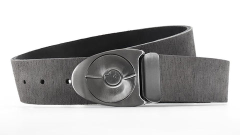 Satin gunmetal belt buckle snaps like safe lock. Pair it with distressed grey leather belt for a cool everyday look