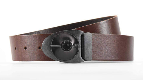 Retro futuristic Dial 7 belt buckle turns like a safe lock. Full grain brown leather belt. Brand: Obscure Belts