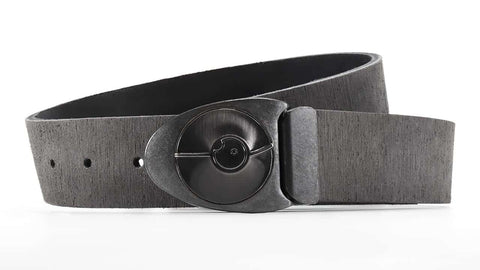 Retro futuristic Dial 7 belt buckle turns like a safe lock. The unique grey distressed leather belt is hand-crafted in custom belt sizes to fit your teen's waist.