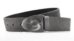 Retro futuristic gunmetal belt buckle snaps like safe lock.Grey distressed leather belt available in any size. Free shipping over $100