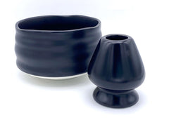 soft black matcha bowl and whisk holder