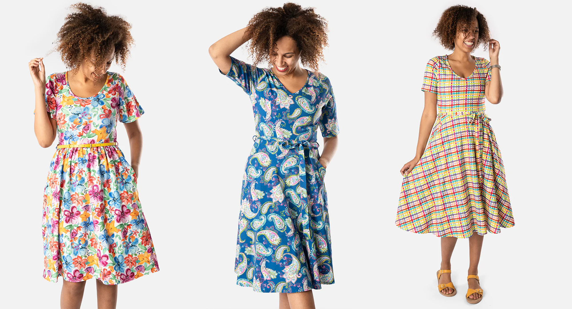 vibrant cotton dress patterns modelled by Cherish for Popsy Clothing