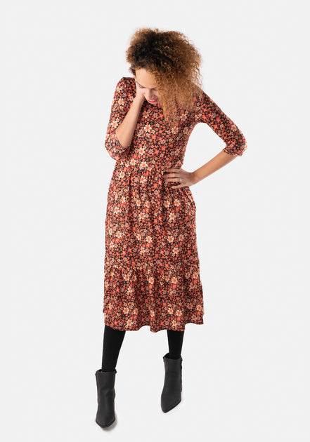 Lynette Orange & Brown Floral Midi Dress – Popsy Clothing