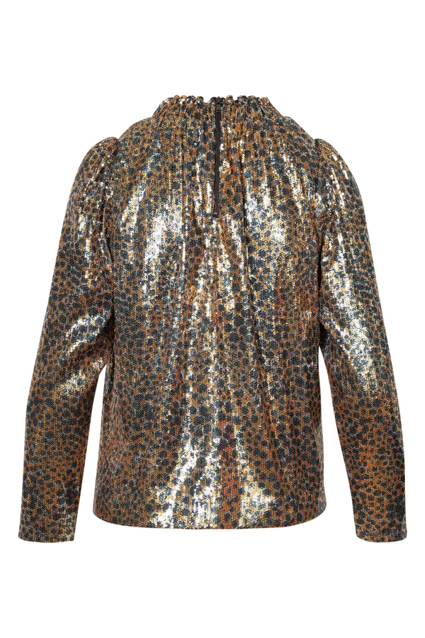 Gathered Sequined Tulle Top in Leopard