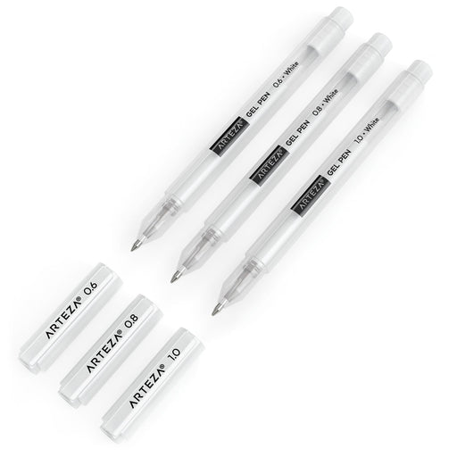  ARTEZA White Gel Pen Set, Pack of 12, White Gel Pens for  Artists with 0.6mm, 0.8mm, and 1.00 mm Nibs, White Rollerball Pens for  Writing, Drawing, Taking Notes & Sketching