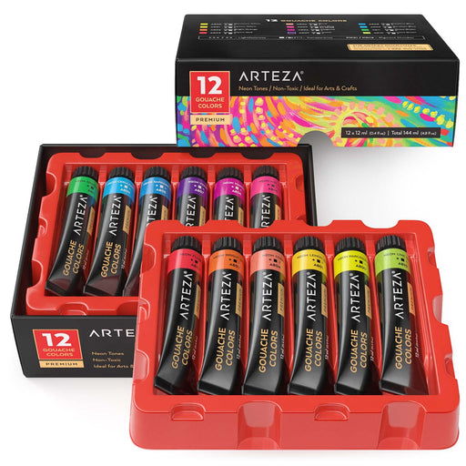 12 Colors Squeezable Tempera Brush Paint Set with Assorted Basic/ Neon/ Pastel Colors