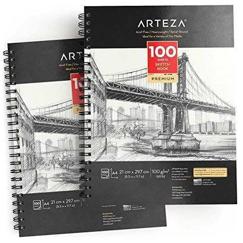 Arteza Sketchbook, Spiral-Bound Hardcover, Black, 9x12 inch, 200 Pages of Drawing Paper Each - 2 Pack