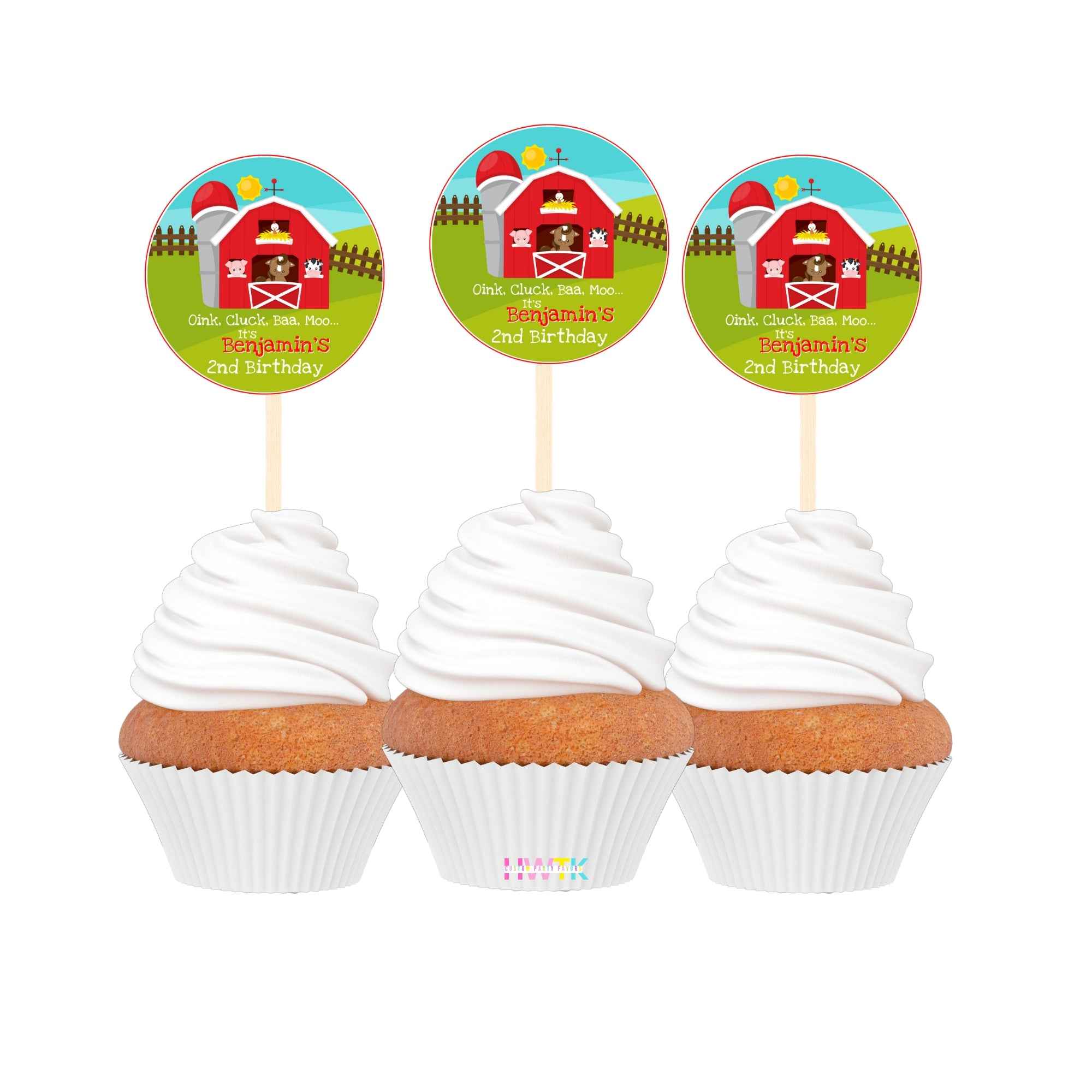Barnyard Farm Birthday Personalized 2” round Cupcake Toppers 12pc