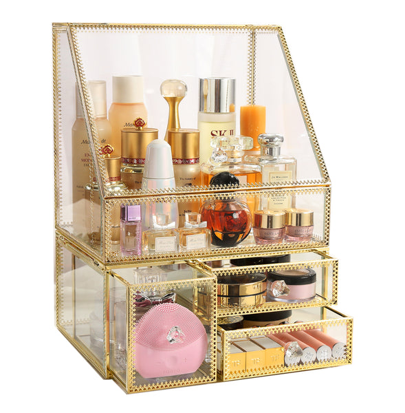 Golden Brass Vintage Glass Jewelry Box,Jewelry Organizer with 4 Drawers Earring  Holder - Gold - On Sale - Bed Bath & Beyond - 39119236