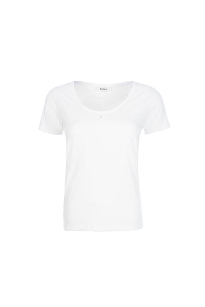 By Signe Suyu Tee in White with a gem-accented scoop neckline
