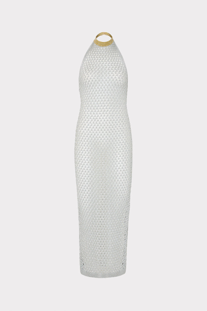 White Lace Crochet High Neck Midi Dress