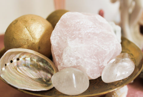 Quartz Crystals with abalone shell and Rose Quartz