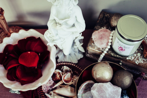 Goddess Altar - Aphrodite - Top View - SpiritGypsy Candle, Rose Quartz