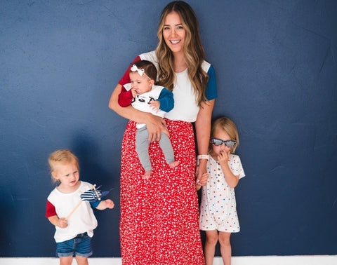 Mom and her children wearing patriotic clothing