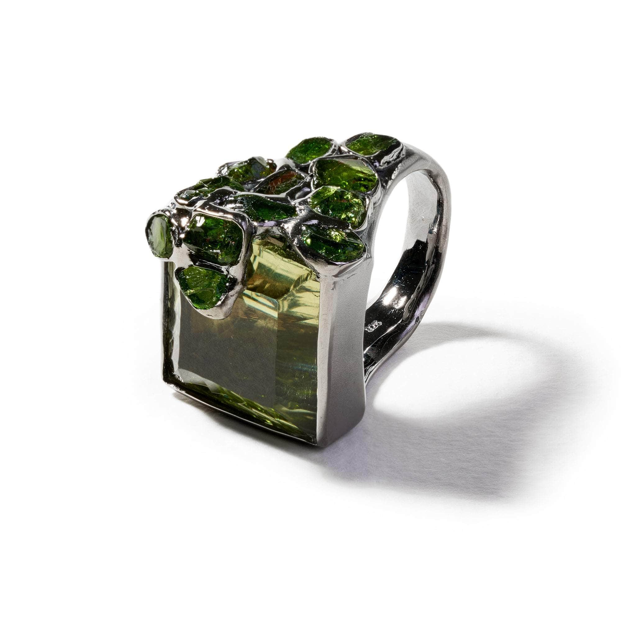 Yucco Green Amethyst and Rough Tsavorite Ring