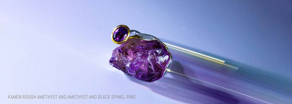 KAMEN ROUGH AMETHYST AND AMETHYST AND BLACK SPINEL RING