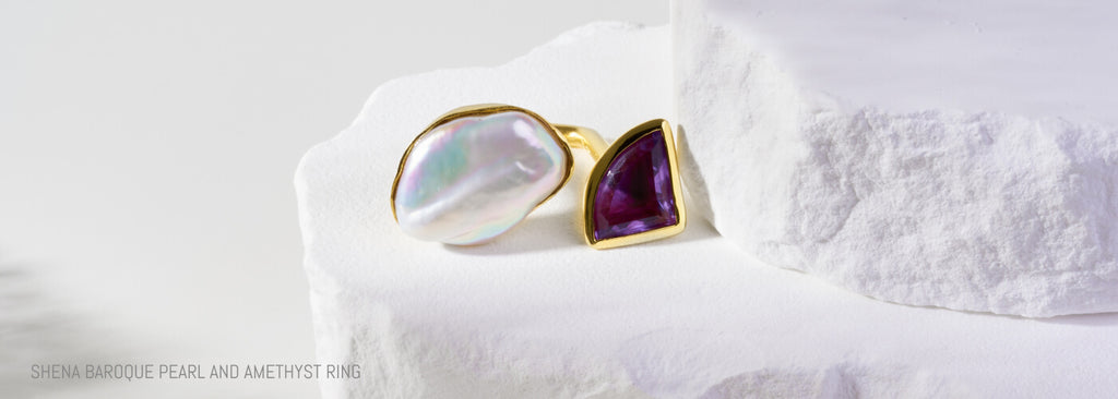 SHENA BAROQUE PEARL AND AMETHYST RING
