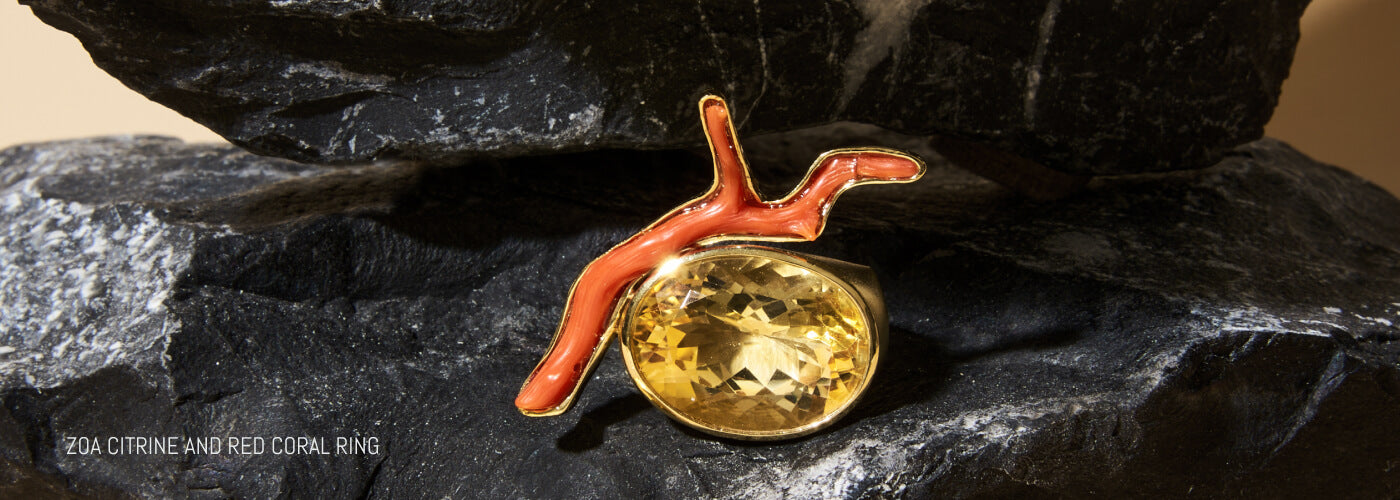 ZOA CITRINE AND RED CORAL RING