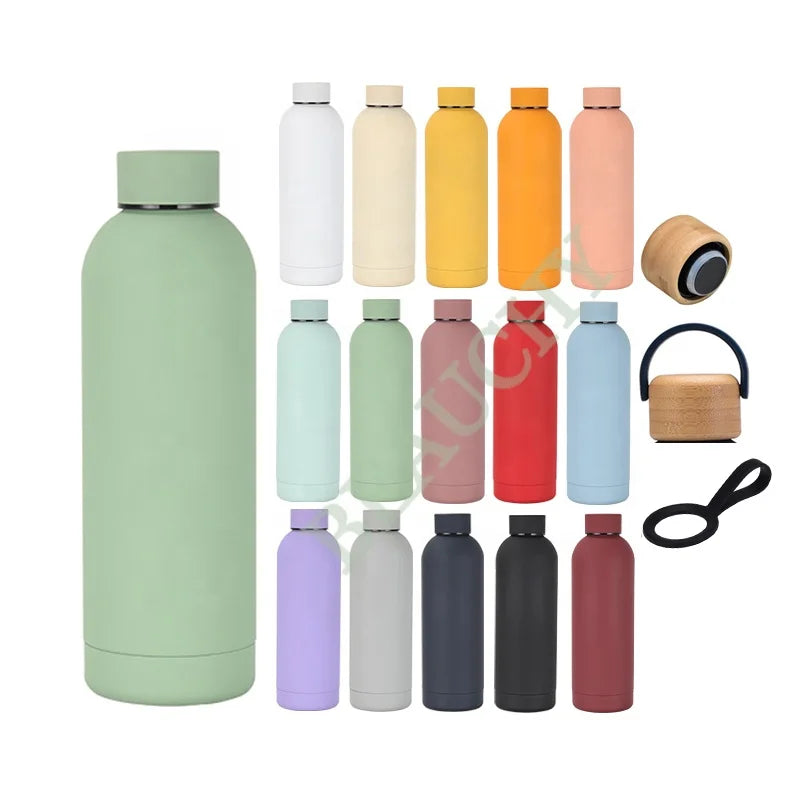 New Design Unique Custom logo 500ml double wall stainless steel outdoor water bottle with leatherwear handle