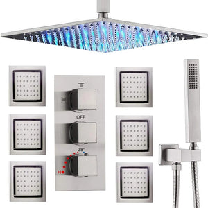 Brushed Nickel Bathroom Wellness Shower Thermostatic LED 16 Inch Ceiling Mounted hotel shower kit With 6 pcs Body Jets - KUYKTHTR