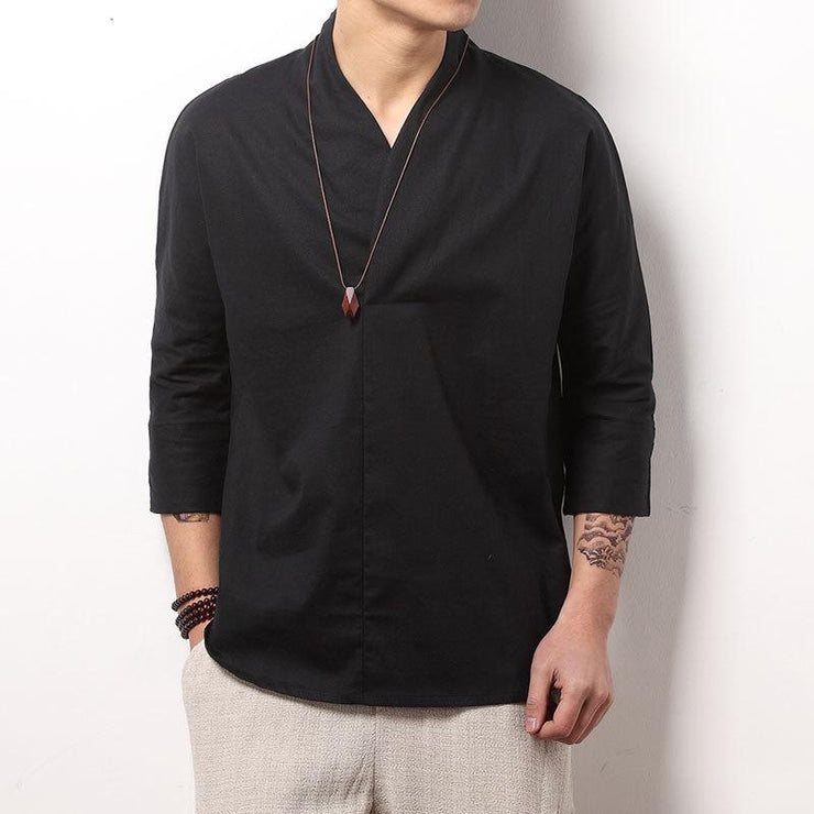 Black V-Neck Causal Kimono Shirt (No Buttons) – Kimonoshi