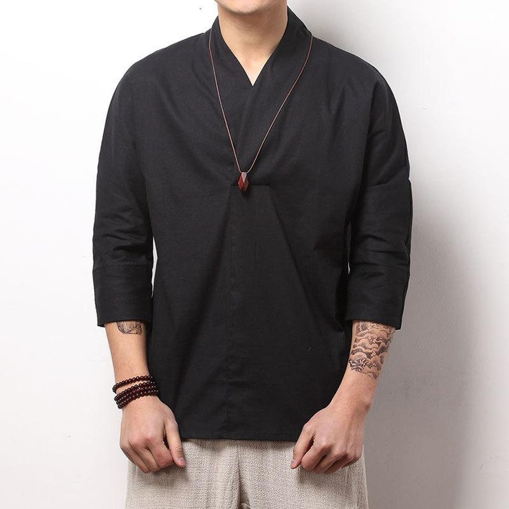 Black V-Neck Causal Kimono Shirt (No Buttons) – Kimonoshi