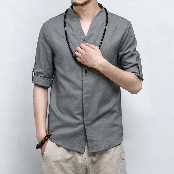 Grey V-Neck Causal Kimono Shirt (With Buttons) – Kimonoshi