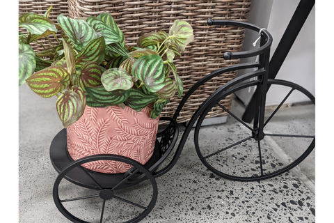 artificial plant in bicycle plant stand at lume outdoor living