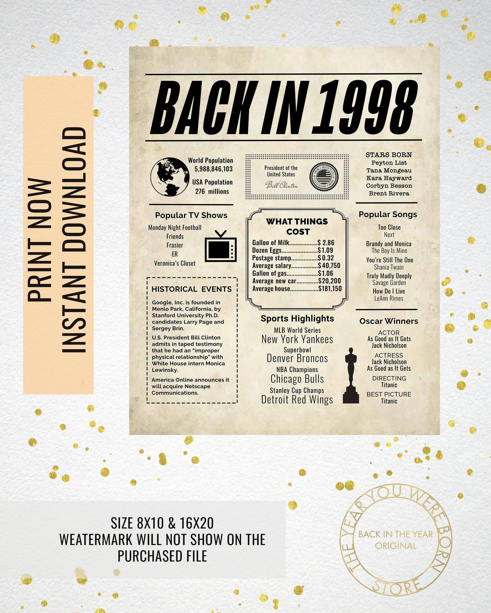 1998 Newspaper Poster, Birthday Poster Printable, Time Capsule 1998, T