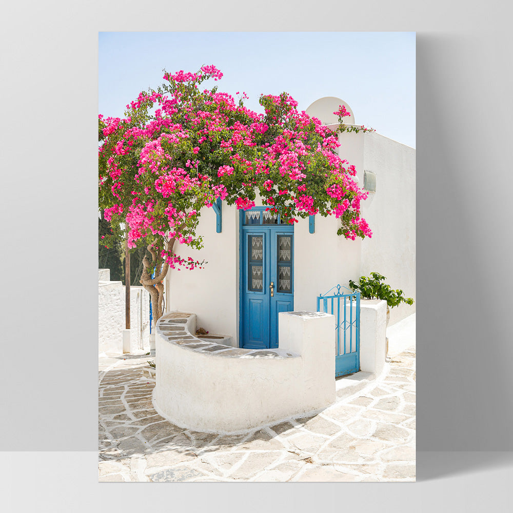 Blue Villa Doors Greece Art Print. Santorini Pink Flowers & White Villa ...