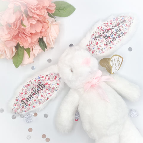 Regalo personalizado de conejito floral blanco para niñas de flores