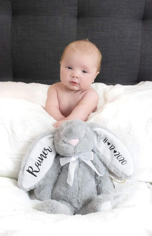 Grey Baby Bunny For New Babies Personalised White Ears