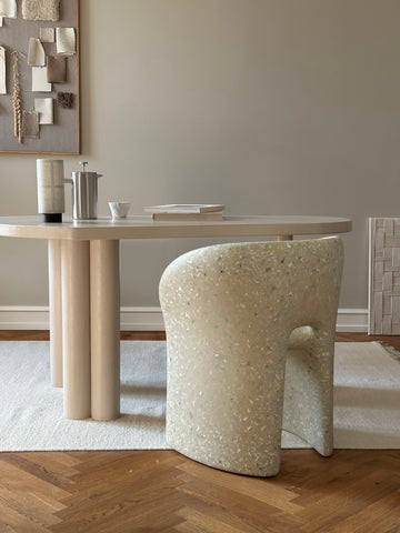 Richard Armchair Faded-White by ecoBirdy at the organic dining table. Styled and photographed by Carla Sofie Molge.