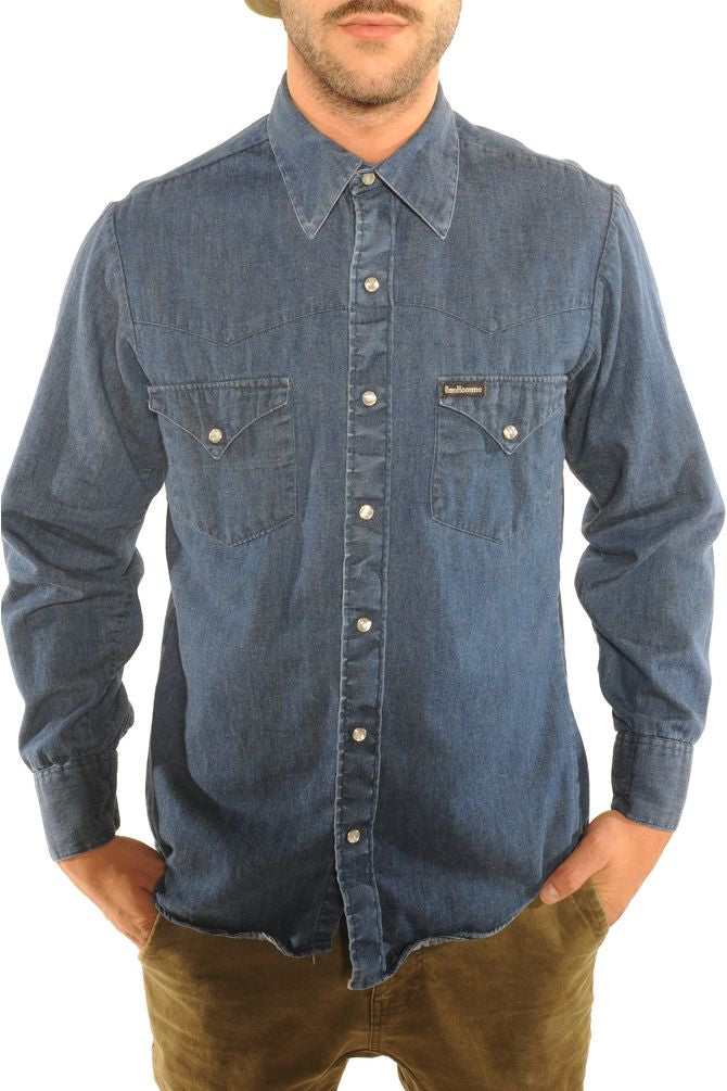 denim shirt with pearl snaps