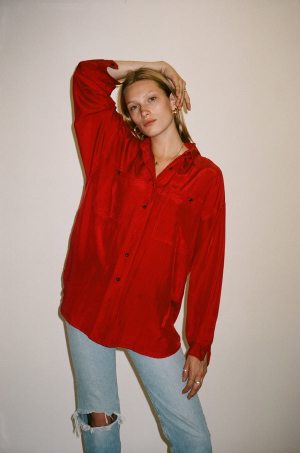 red silk button up