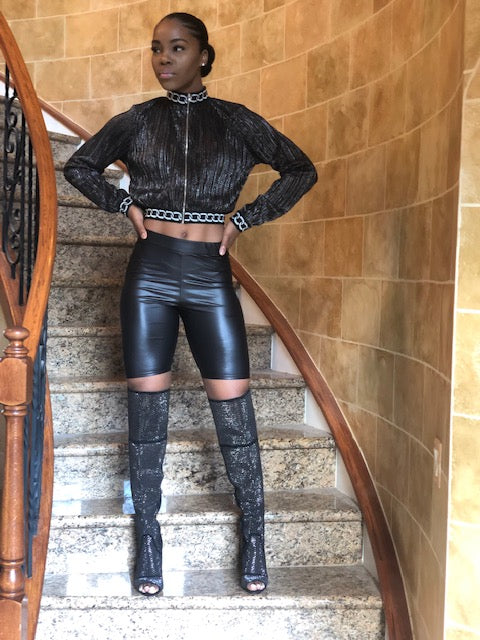 biker shorts and thigh high boots