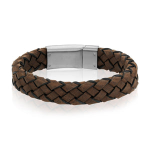 11mm Flat Woven Italian Leather Steel Clasp Engravable Bracelet - Gift for Boyfriend 8.5 Inches / Brown