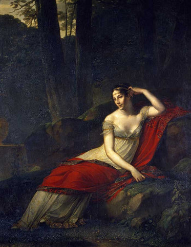 Empress Josephine reclining in empire line dress with luxurious embroidered cashmere pashmina shawl draped across her body