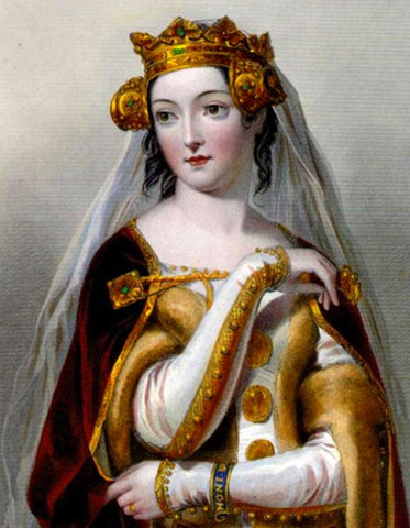 Queen Consort Phillipa of England in crown, white veil and red velvet robes adorned with gold