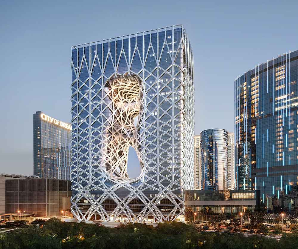 Ultra-luxury Hotel Morpheus, Macau, exterior shgowing sky visible through the central voids as designed by Zaha Hadid