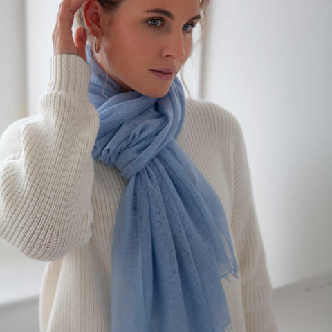 Diaphanous Pashmina Shawl in Crystal Blue, Layered with British Knitwear