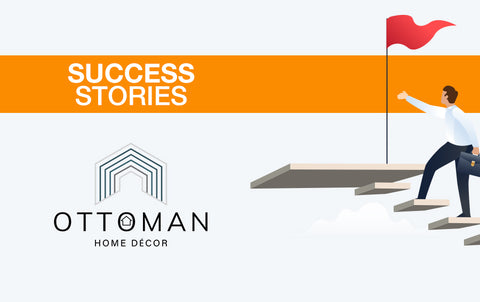 Graphic with orange banner and white writing "Success Stories" with the ottoman Home Decor logo below and a man climbing a staircase reaching a flag