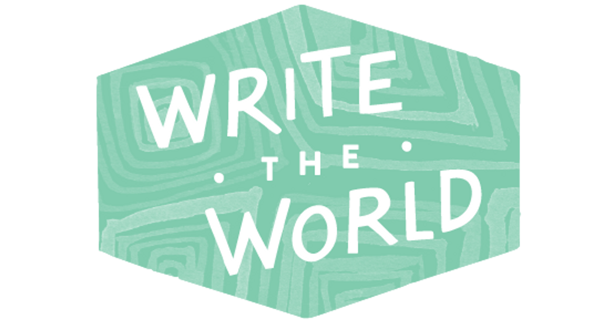 Light teal hexagon background with the words write the world in white font. Logo for Write the World.