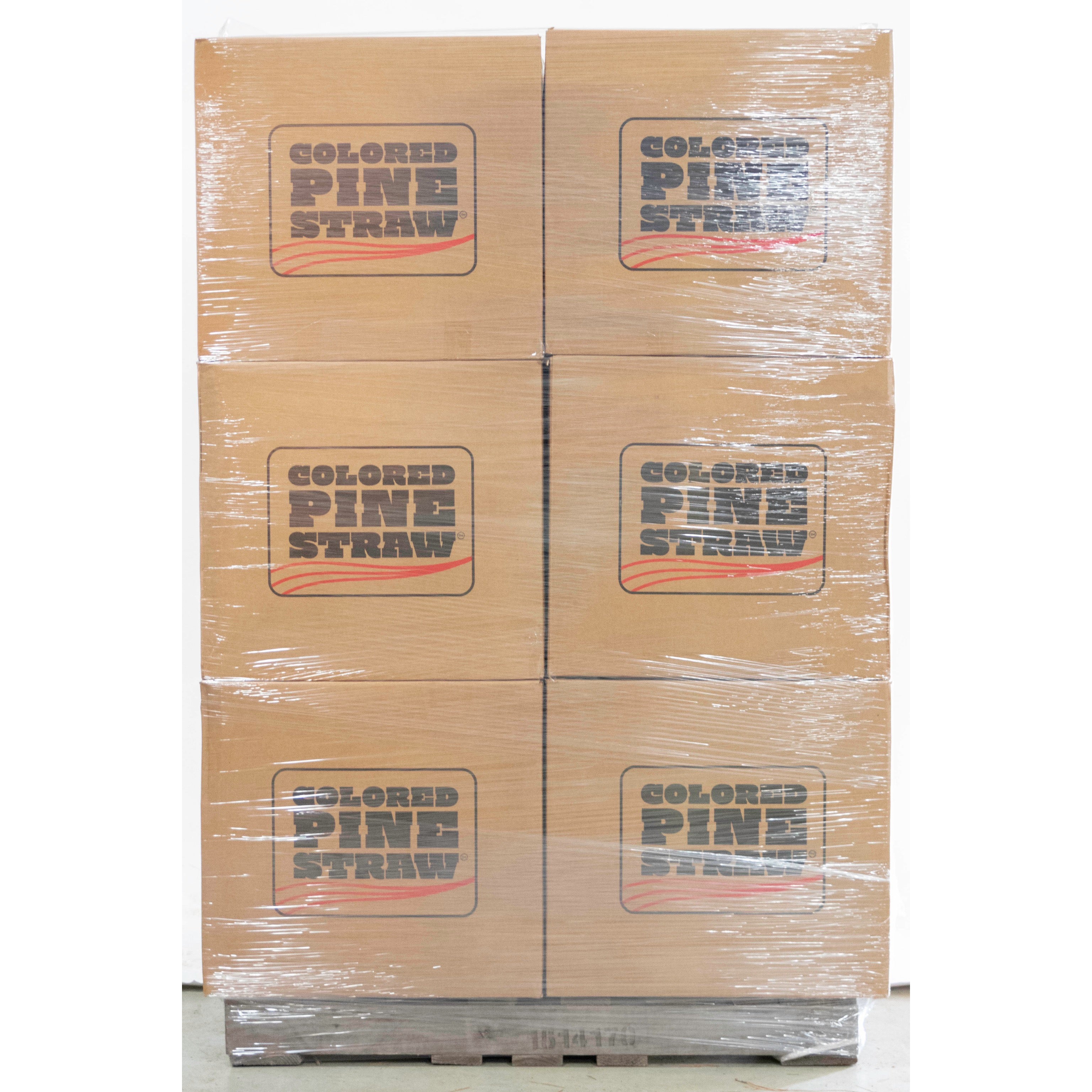 Twelve palletized boxes of loose Colored Pine Straw