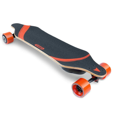 Meepo board product shot- black and orange board orange wheels on white background