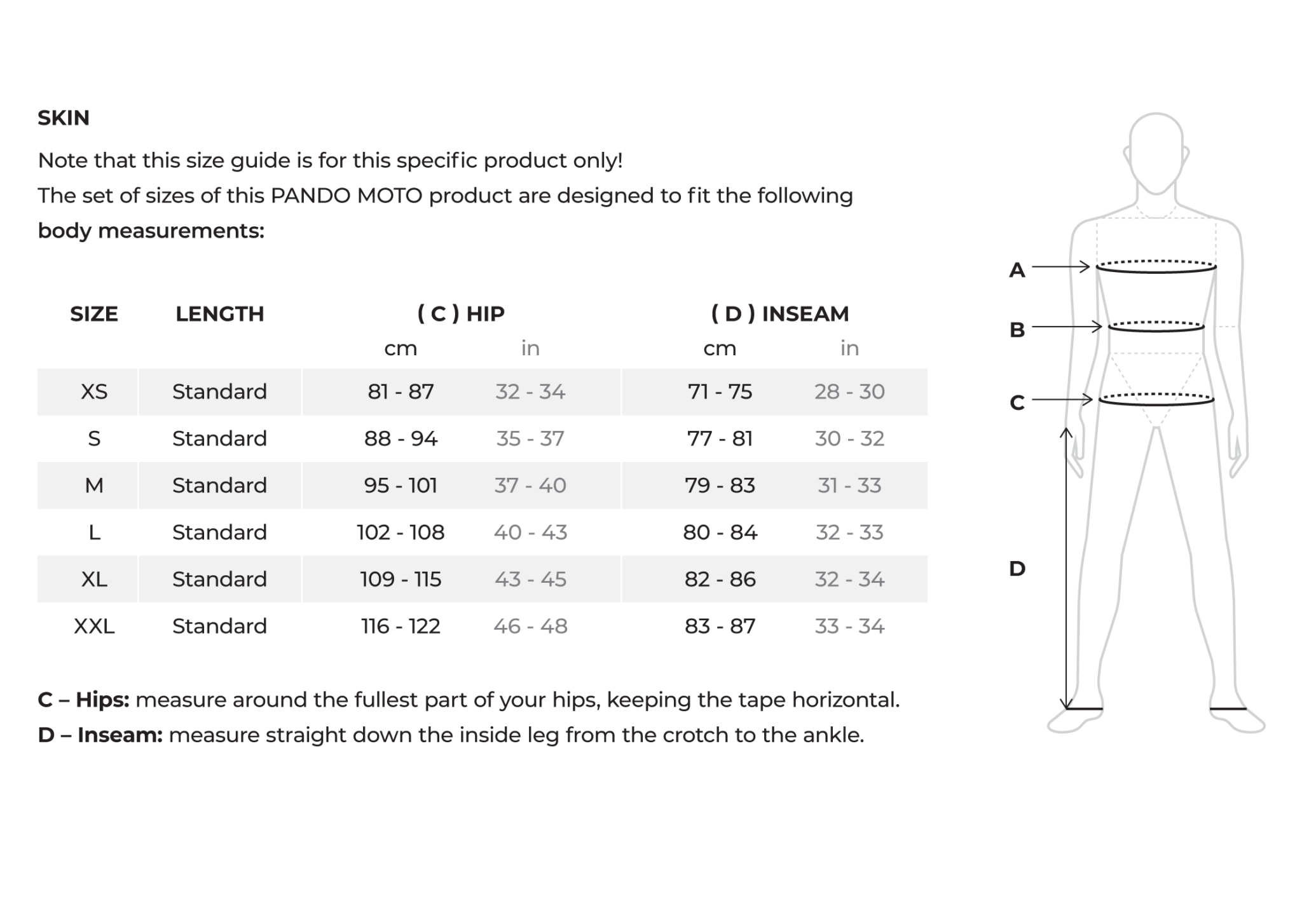 Pando Skin Size Chart