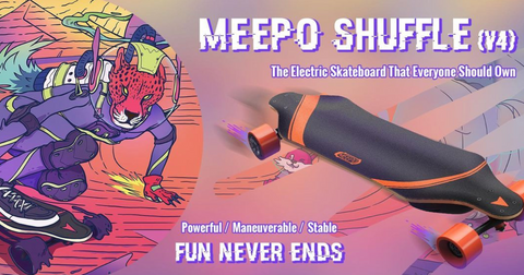 Meep Shuffle graphic art advertisement - features meepo board and colourful panda with white text